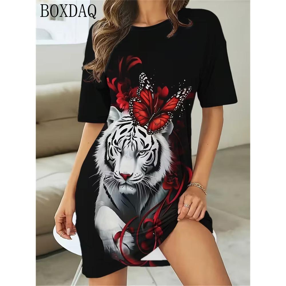 Sommer Damenkleider Lässig Kurzarm Rundhals Tiger Muster Gedruckt Locker Kleid