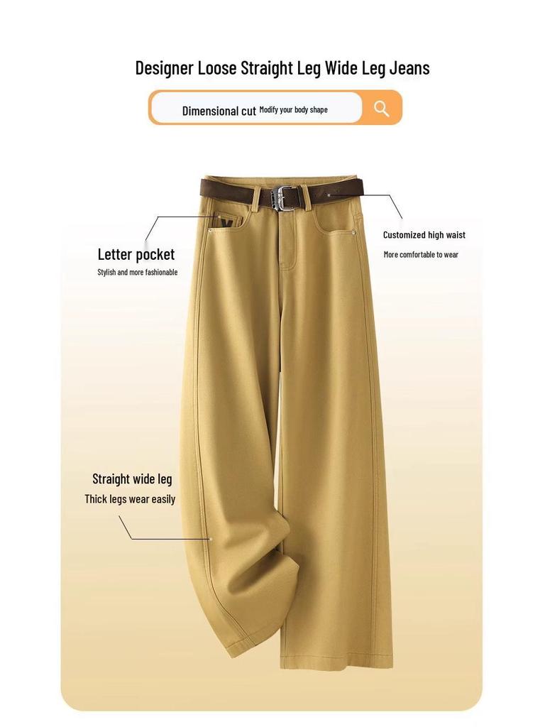 2025 Retro Yellow Plus Velvet Wide-Leg Women's Jeans: Spring & Autumn Collection