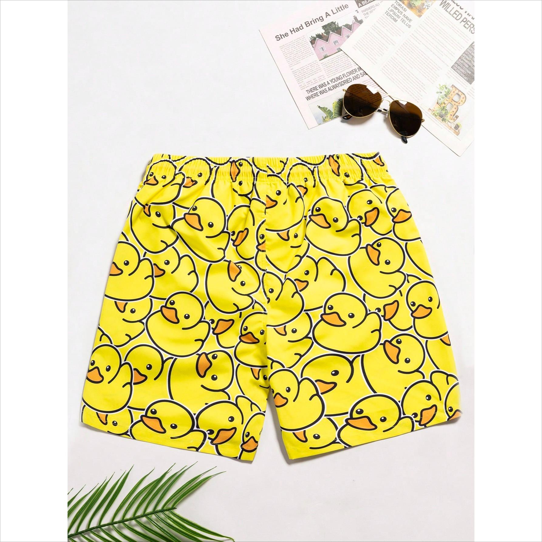 Men s Yellow Duck Pattern Beach Shorts, Men s Summer Shorts, Hawaii, Holiday S