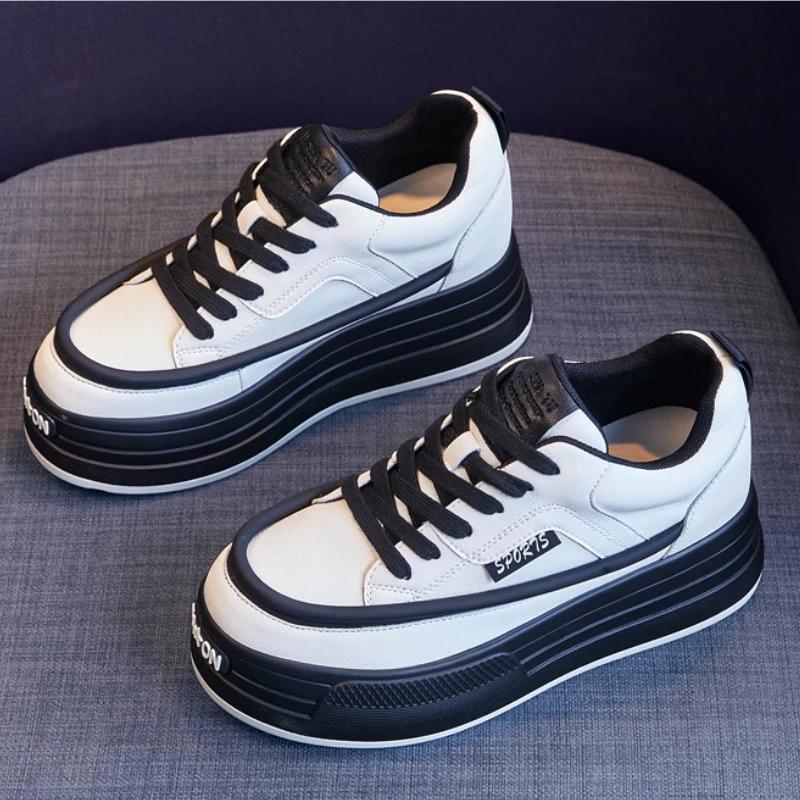 Модные 8 см новые кроссовки из натуральной кожи на платформе с клином и скрытым каблуком — фото 5