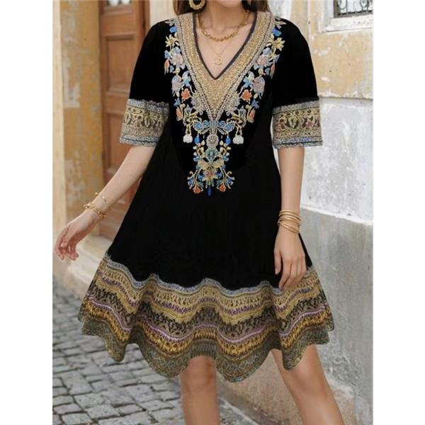Women s short-sleeved v-neck loose ethnic style dress L синий