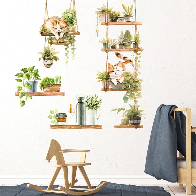 Cat Green Plant Pot Home Background Wall Decoration Wall Stickers Self-Adhesive