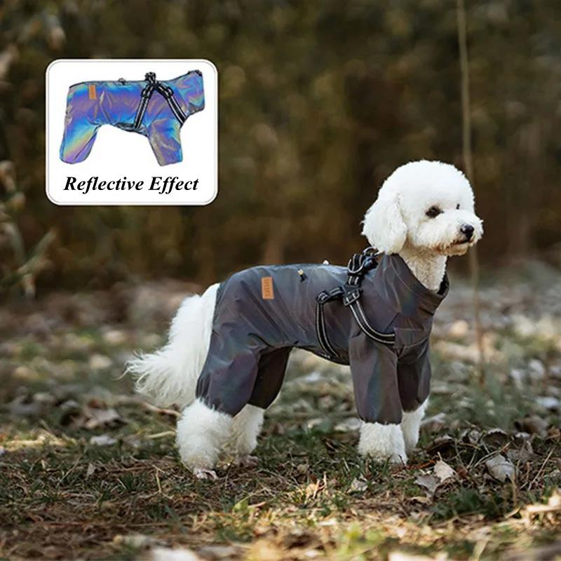 Dog Raincoat with Harness Waterproof Jacket for Small Dogs Adjustable Reflective Dog Rain Overalls Four Legged Raincoat Pet Rain 5