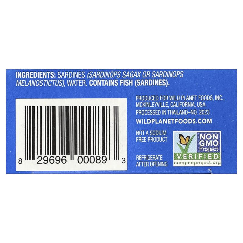 Wild Sardines In Water, No Salt Added, 4.4 oz (125 g)