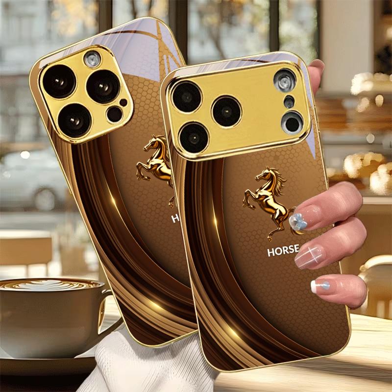 Premium Stallion Art Electroplated Golden Phone Case For iPhone 14 17 16 15 13 12 11 Pro Max Plus 16E 17Air XR 7 8 X Glass Cover