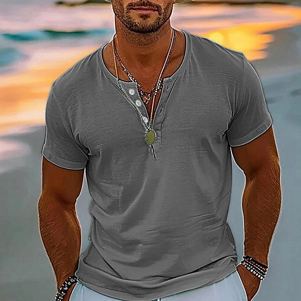 Vintage Summer Men's T-Shirt Streetwear 3 Buttons Open Fly Loose Clothing Print Short Sleeve T-Shirt