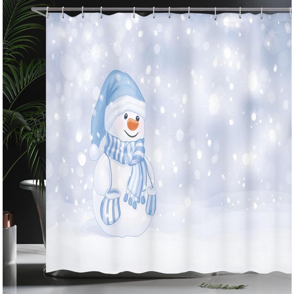 Cozy Snowman Cartoon Winter Shower Curtain, Festive Merry Christmas Bathroom Decor Set