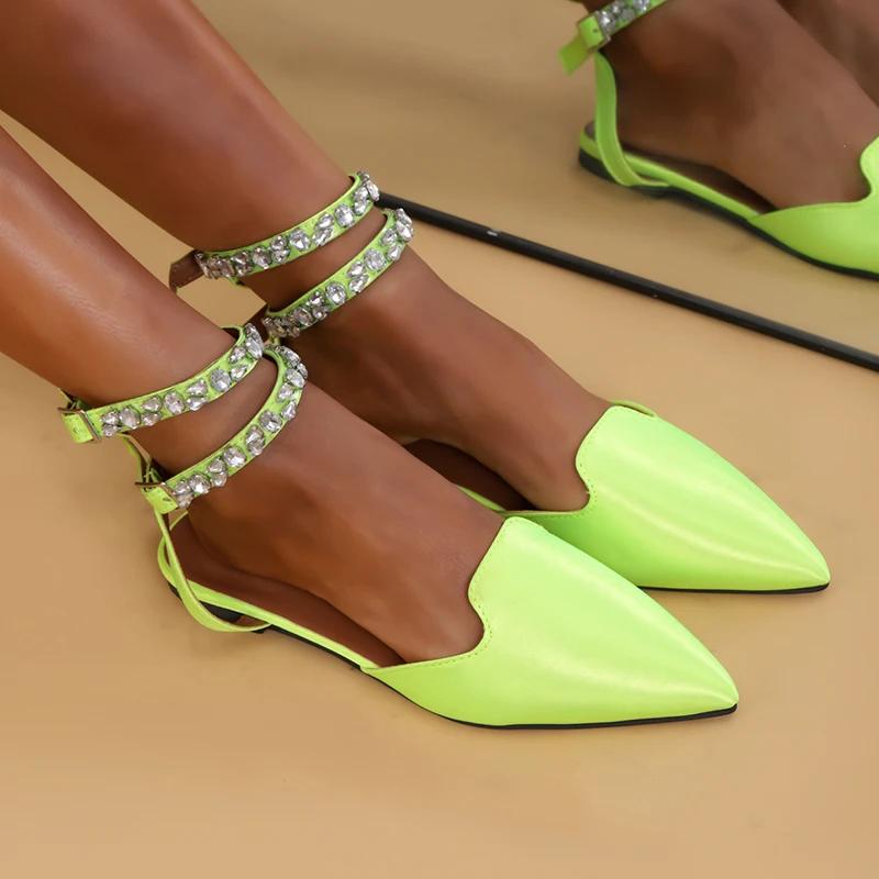 Fashion Rhinestone Ankle Strap Flat Heel Sandals Women Sexy Pointed Toe Gladiator Sandls Woman 2025 Summer Buckle Party Shoes Plus Size