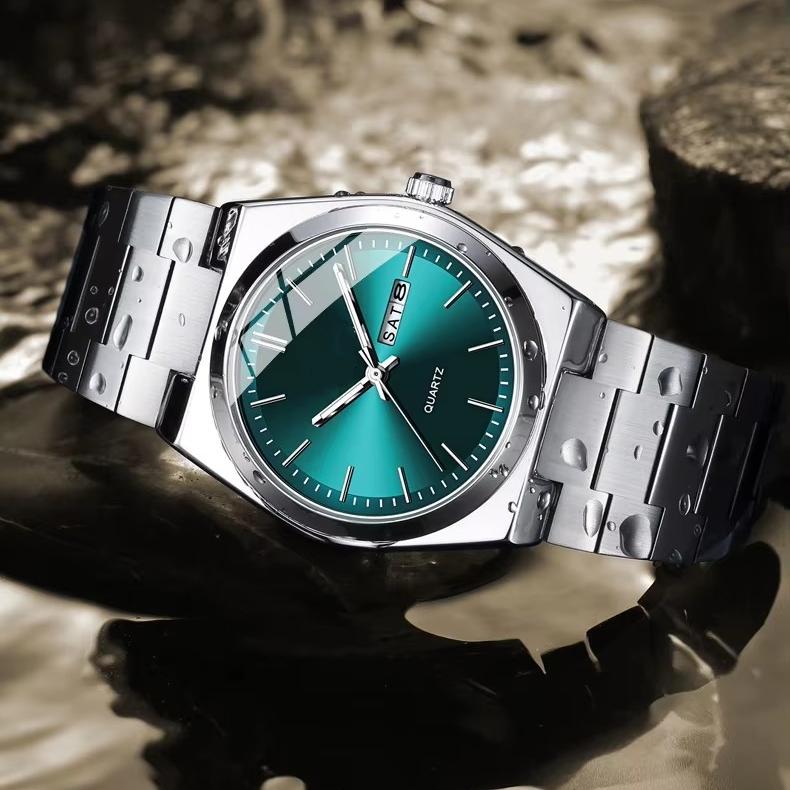 Men Watch Stainless Steel Watch Double Calendar Waterproof Business Quartz Clock Wristwatch