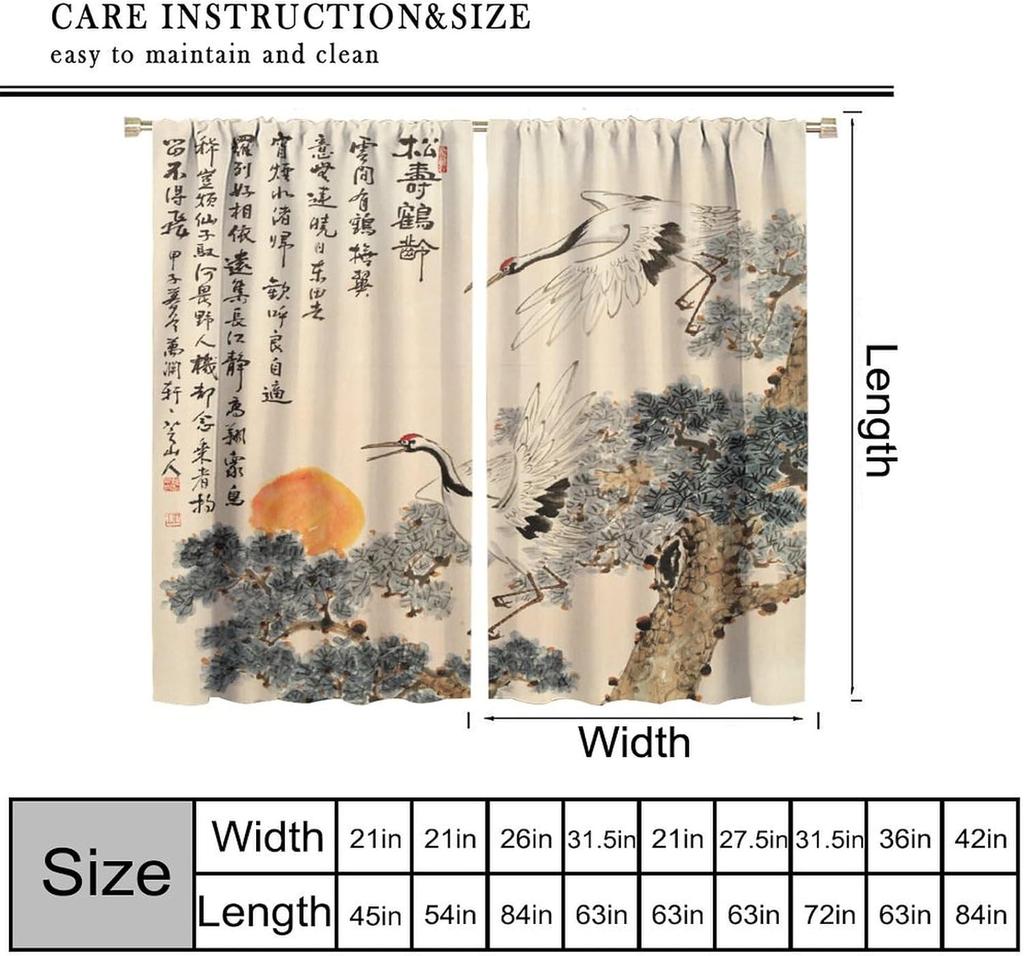 Asian Curtains   Vintage Japanese Ink and Landscape Crane Traditional Cherry Blossom Flower Sun Window Treatments Drapes for Girl