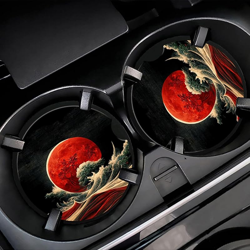 Colorful Flowers and Plants Car Cup Holder Coaster,Car Coasters for Cup Holder,2 Pack Floral Berries Anti-Slip Absorbent Ceramic Car Cup Coasters for