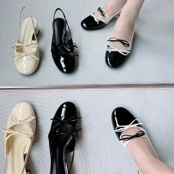 Bow Girl Ballet Shoes Round Head Thick Heel Mary Jane Single Shoes Women'S Empty Bag Head Sandals