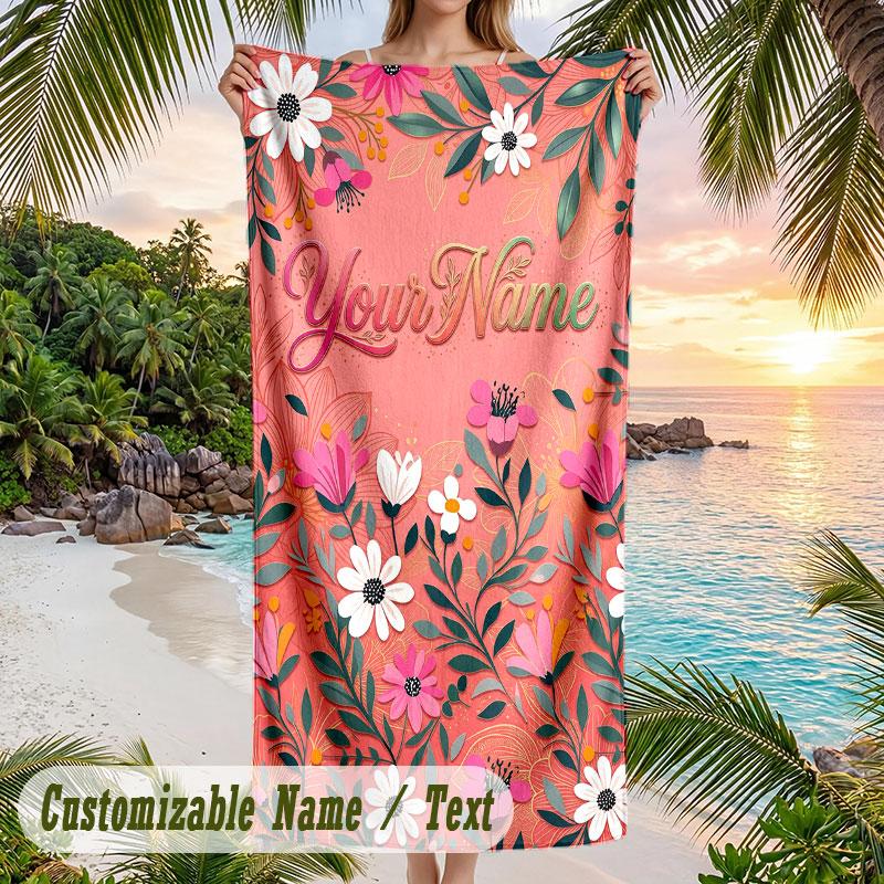 Floral Elegance Card 2 Theme Quick Dry Beach Towel Custom Name Text Print Large Sand Resistant Towel Beach Vacation