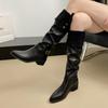 Winter Vintage Pointed Toe Woman Knight High Boots Fashion Belt Buckle Thick Heel Shoes Ladies Street Style Western Long Botas