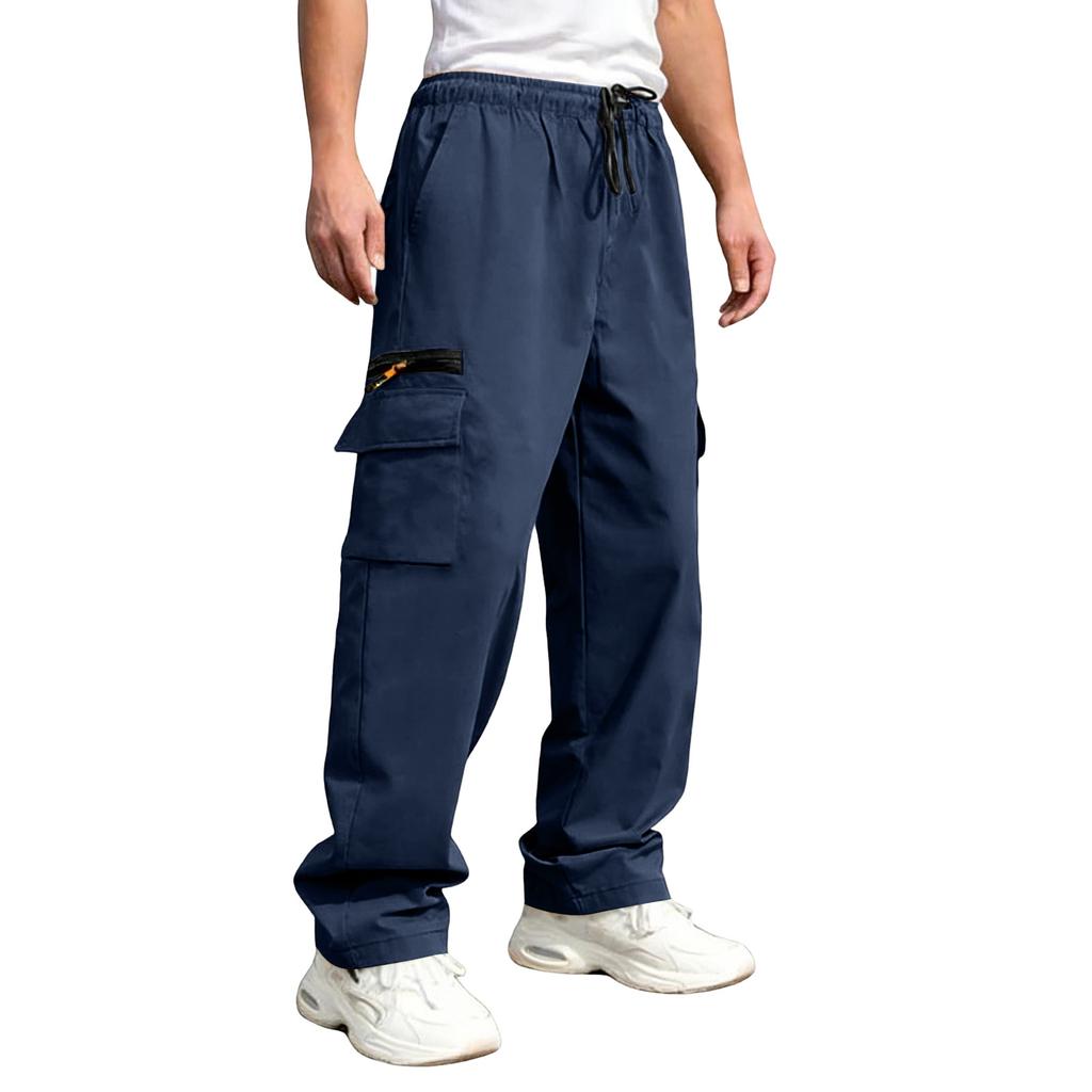 Men's Multi Pocket Work Pants Casual Loose Fit Utility Trousers with Drawstring Waist Durable Material for Daily Wear