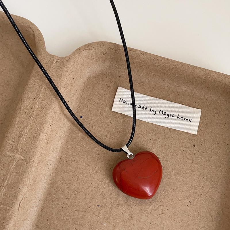 Natural Stone Heart Pendant Necklace - Black Cord, Women's Fashionable Choker for Commuting & Versatile Wear