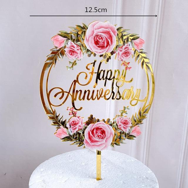 Neuer farbiger Blumen Happy Birthday Tortenaufsatz Goldener Acryl Geburtstagsparty Dessert Dekoration für Babyparty Backzubehör
