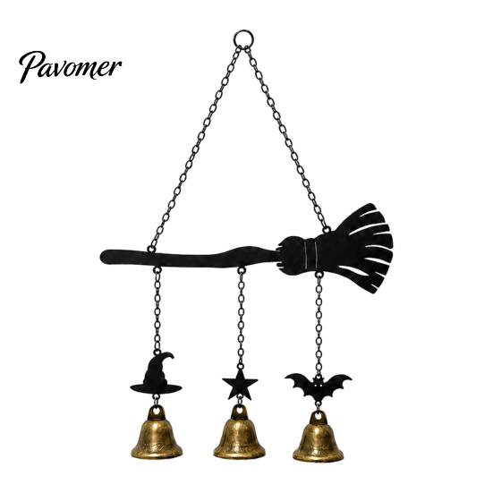 Holiday Party Supplies Halloween Witch Broom Wind Chime, Decorative Hanging Bells Metal Bell for Indoor Outdoor Garden Patio Porch Chime