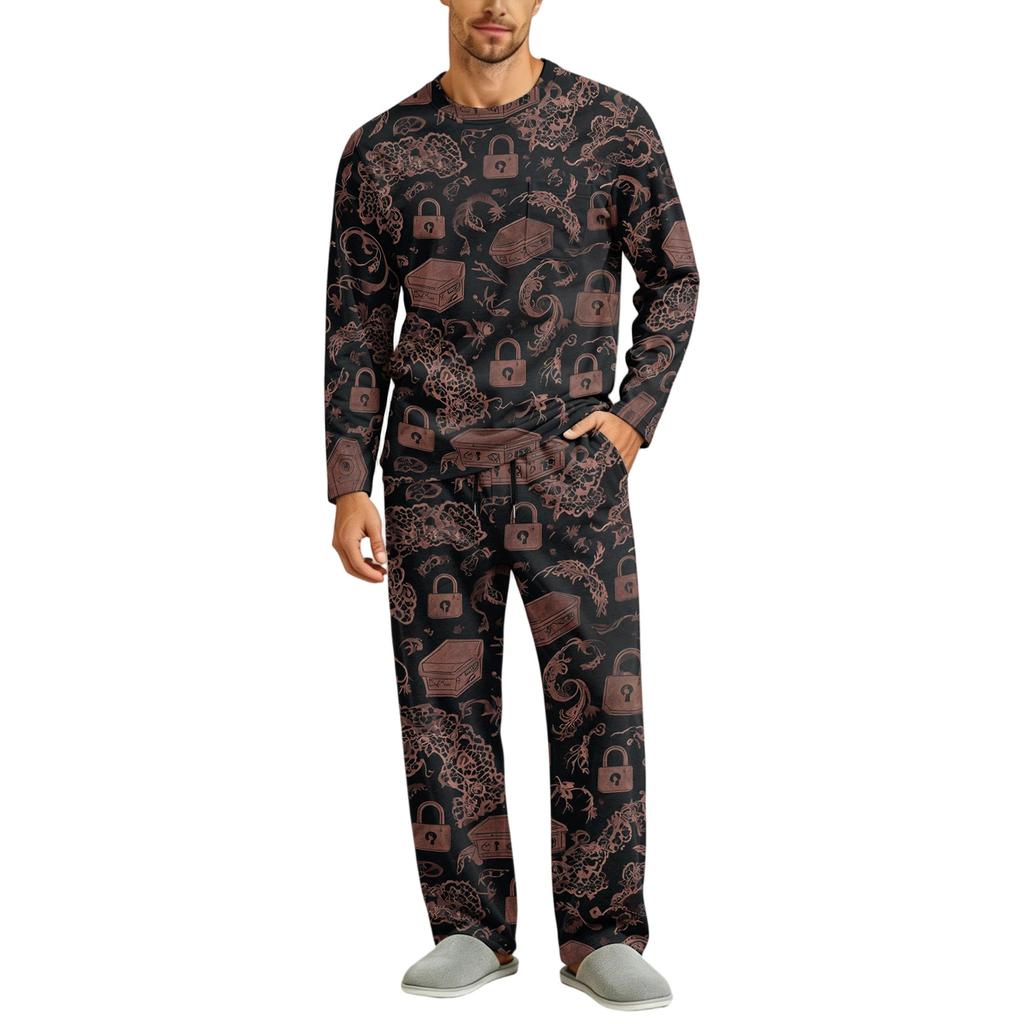 Men's Halloween Pajama Set Long Sleeve Long Pants with Crotch Buttons and Elastic Drawstring Waist