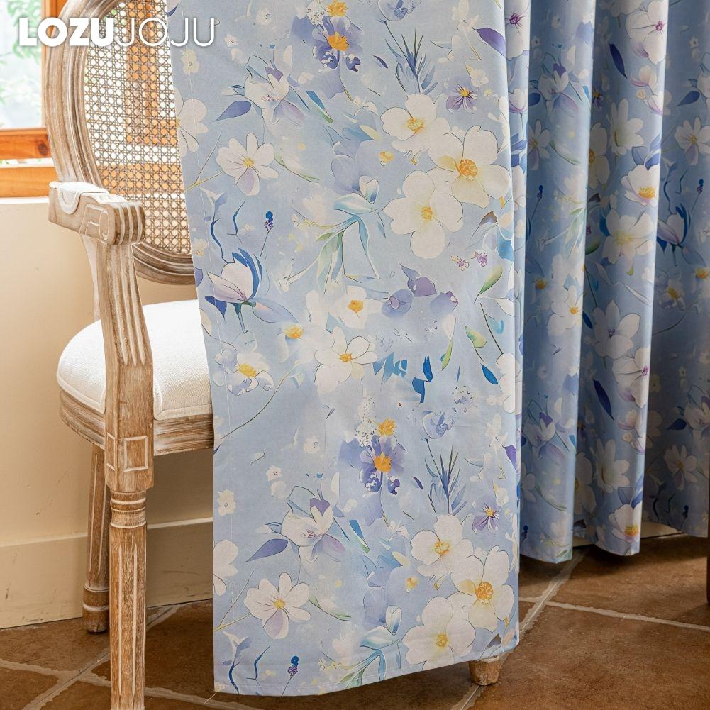 1 Stück LOZUJOJU Vorhänge im nordischen Landhausstil, blau bedruckt, mit blickdichten Vorhängen für Schlafzimmer, Wohnzimmer, Balkonfenster zur Heimdekoration