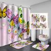Colorful Flowers Fabric Shower Curtains Bath Mats Rugs Toilet Lid Cover Beautiful Butterfly Flower Bathroom Curtains Set Decor