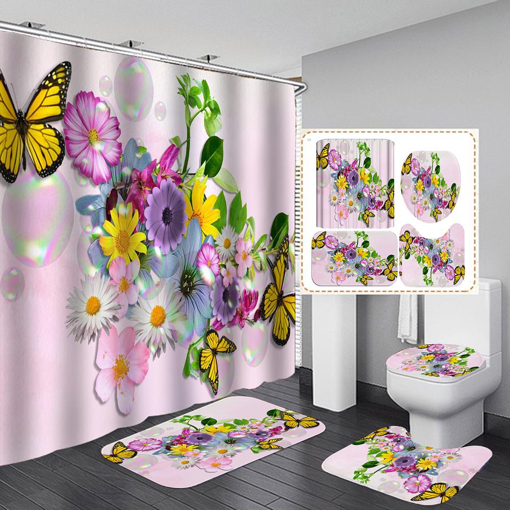 Colorful Flowers Fabric Shower Curtains Bath Mats Rugs Toilet Lid Cover Beautiful Butterfly Flower Bathroom Curtains Set Decor