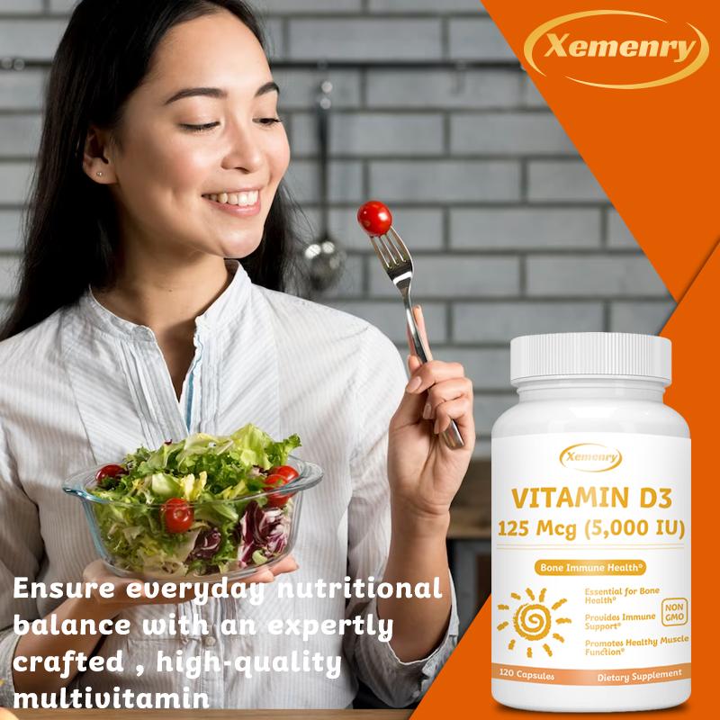 XEMENRY Vitamin D3 Extract Capsules, 5,000 IU per serving, high purity, all-natural, suitable for both men and women.