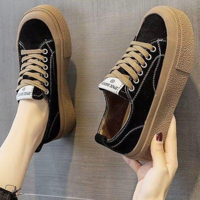 Black platform canvas shoes women's spring 2025 new versatile round head Internet celebrity muffin heightening casual shoes