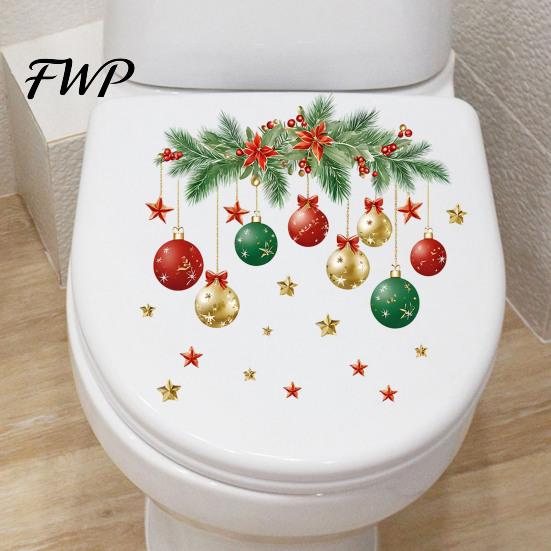 Christmas Ball Pattern Decals Toilet Sticker, Removable Bathroom Wall Decoration Decal, Theme Decor Sticker Waterproof Lid Decal for Holiday