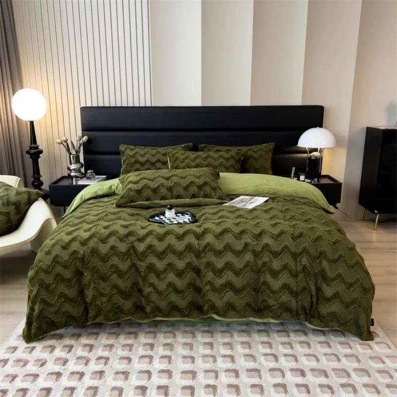 2025 New Autumn and Winter Simple Thickened Warm Wave Rabbit Fleece Four-piece Set - Bordeaux Series Sheet Sheet Sheet