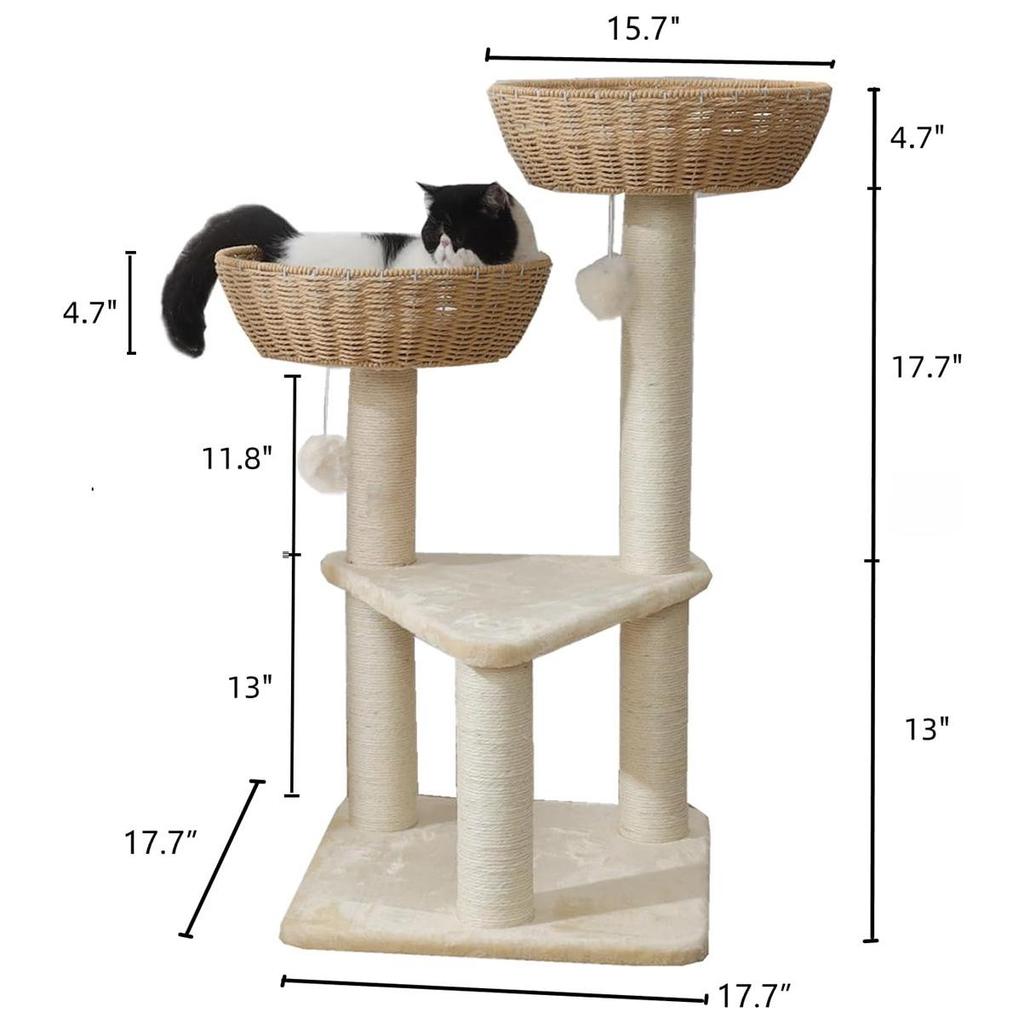 Cat Tree Tower with Rattan Basket and Sisal Climbing Frame