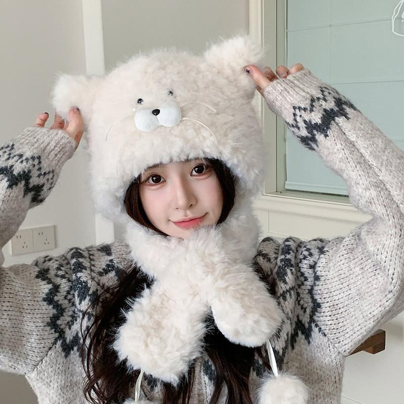 

Fleece Plush Cat Beanie With Integrated Scarf For Girls Autumn Winter білий