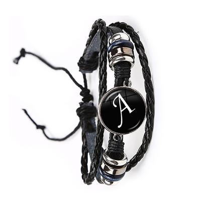 Fashion Simple Initial Alphabet Men's Braided Leather Bracelet Punk Rock 26 Letters A-Z Glass Bracelet Jewelry Gift for Men