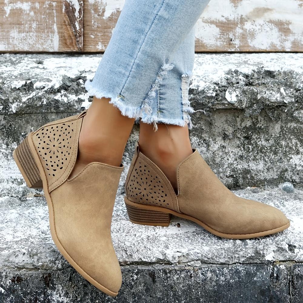 Elegantní kotníkové boty s V-výstřihem - Děrovaný robustní podpatek, Špičatá špička, Pohodlná stélka, Snadný nazouvací design, Stylová dámská obuv pro každodenní nošení