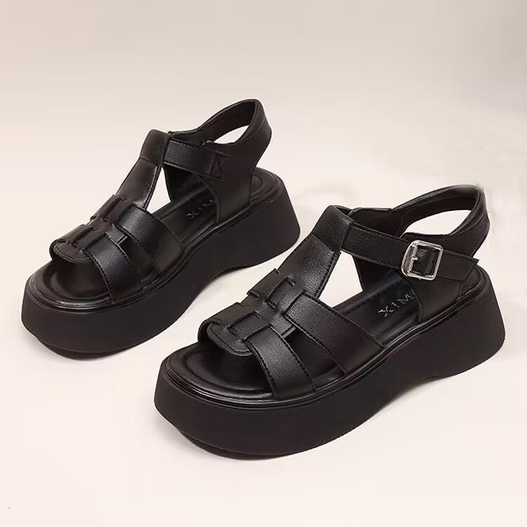 Real soft leather foreign trade platform shoes Roman sandals women's muffin bottom hollowed out non-slip soft sole word casual beach shoes women