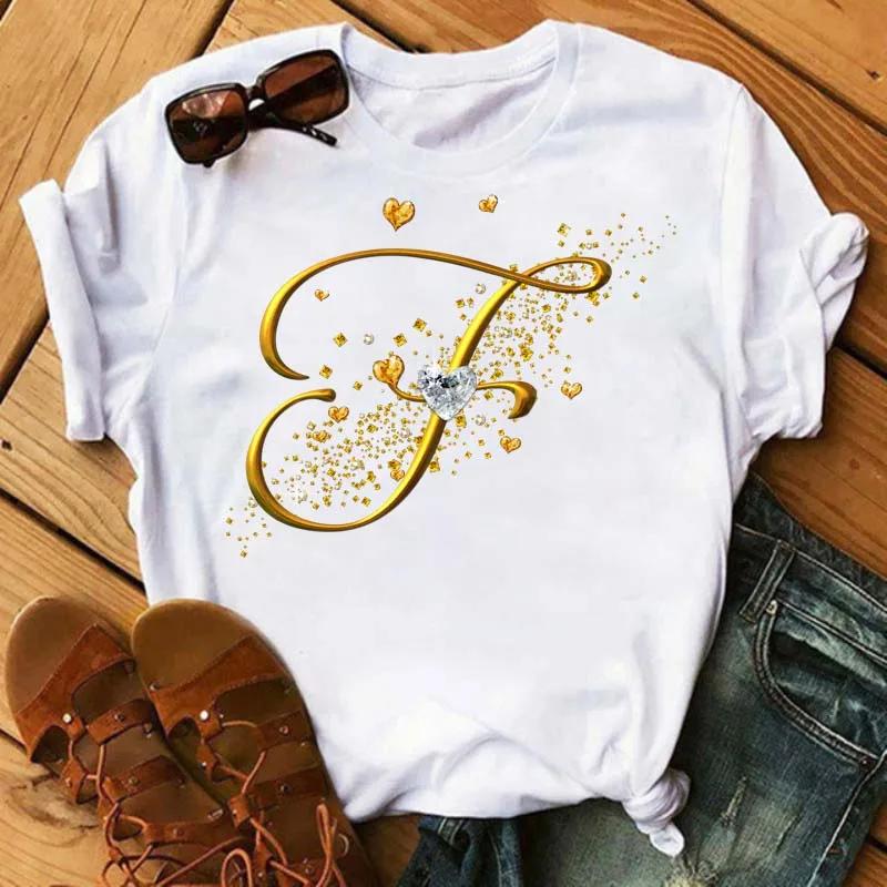 Custom Name Letter Combination Fashion Women T-shirt Diamond Gold Letter Font Short Sleeve Tops Black T-shirt