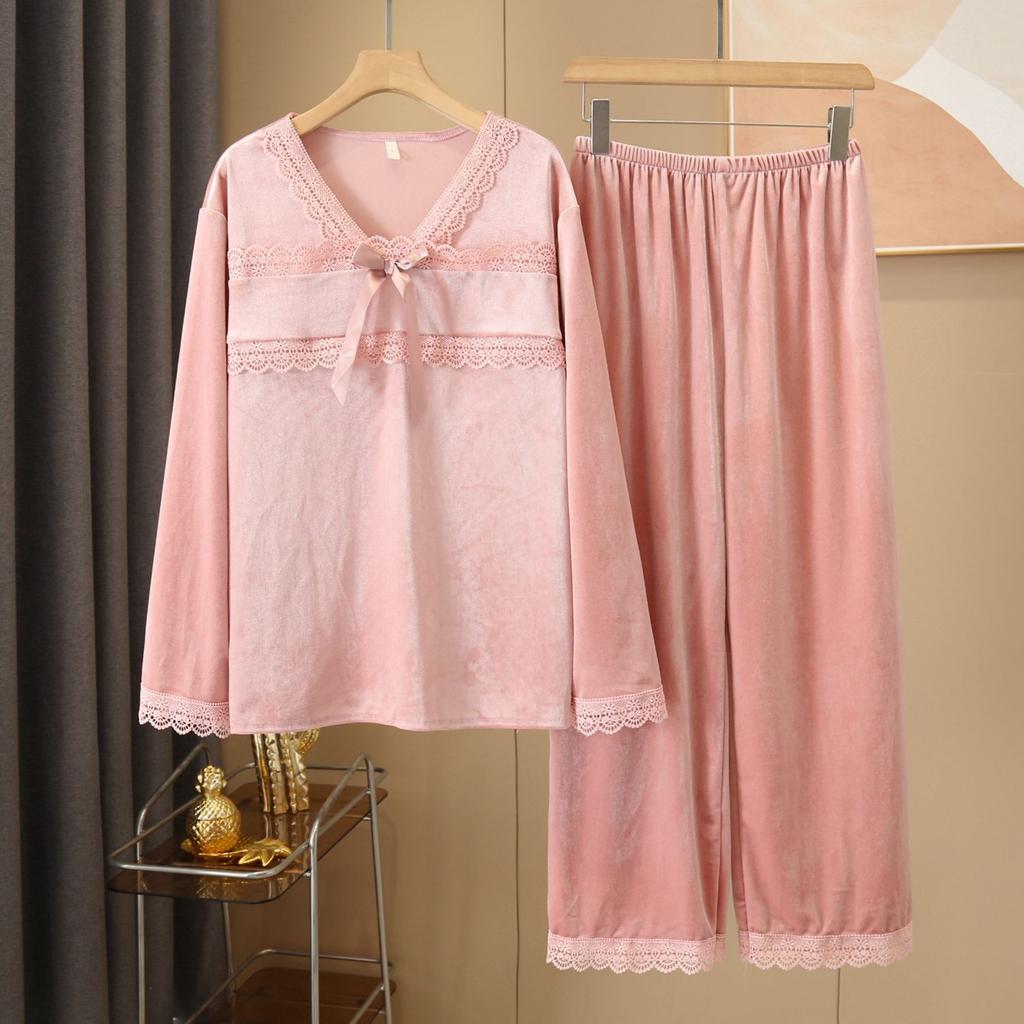 Women's Autumn Winter Velvet Sleepwear Sexy V-Neck Pajamas Set Long Sleeve Pants Nightwear Loungewear Solid Color Home Clothes