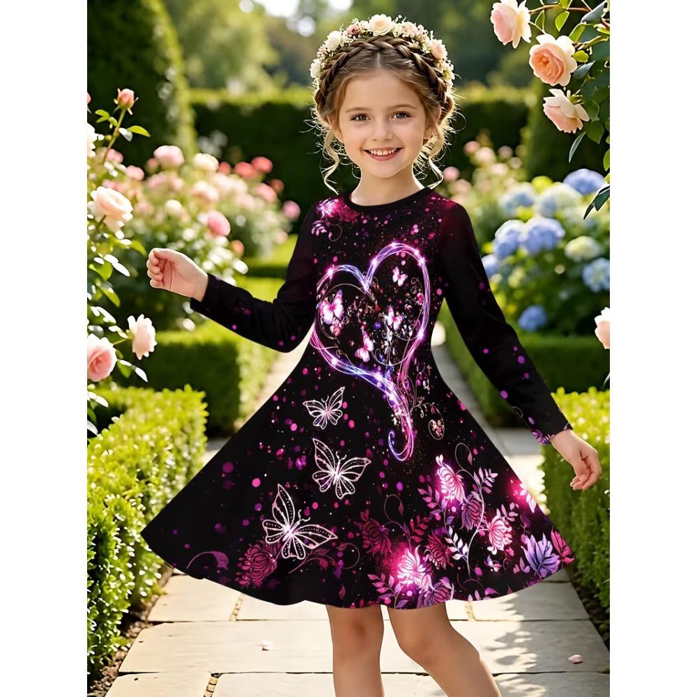 Girls' 3D Heart Butterfly Dress Long Sleeve Summer Spring Vacation Daily Holiday Princess Beautiful Sweet Kids 4-12 Years Casual Dress A Line Dress