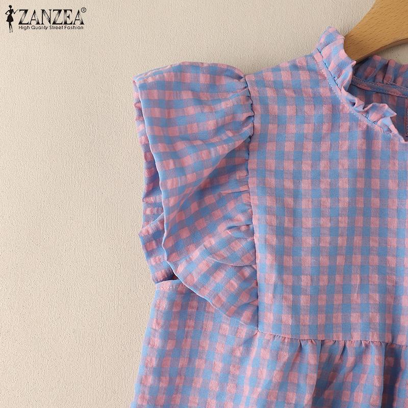 ZANZEA Damen Sommer Bluse mit Gittermuster, lockere Kurzarmbluse