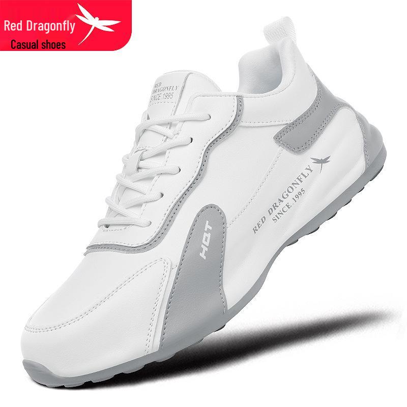 Red Dragonfly Men's Waterproof Leather Sneakers with Mesh Upper, Thick Rubber Sole, and Height Boost for Spring/Autumn Travel