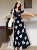 Elegant French-Style Black Floral V-Neck Slimming Long Dress for Women - Summer Collection