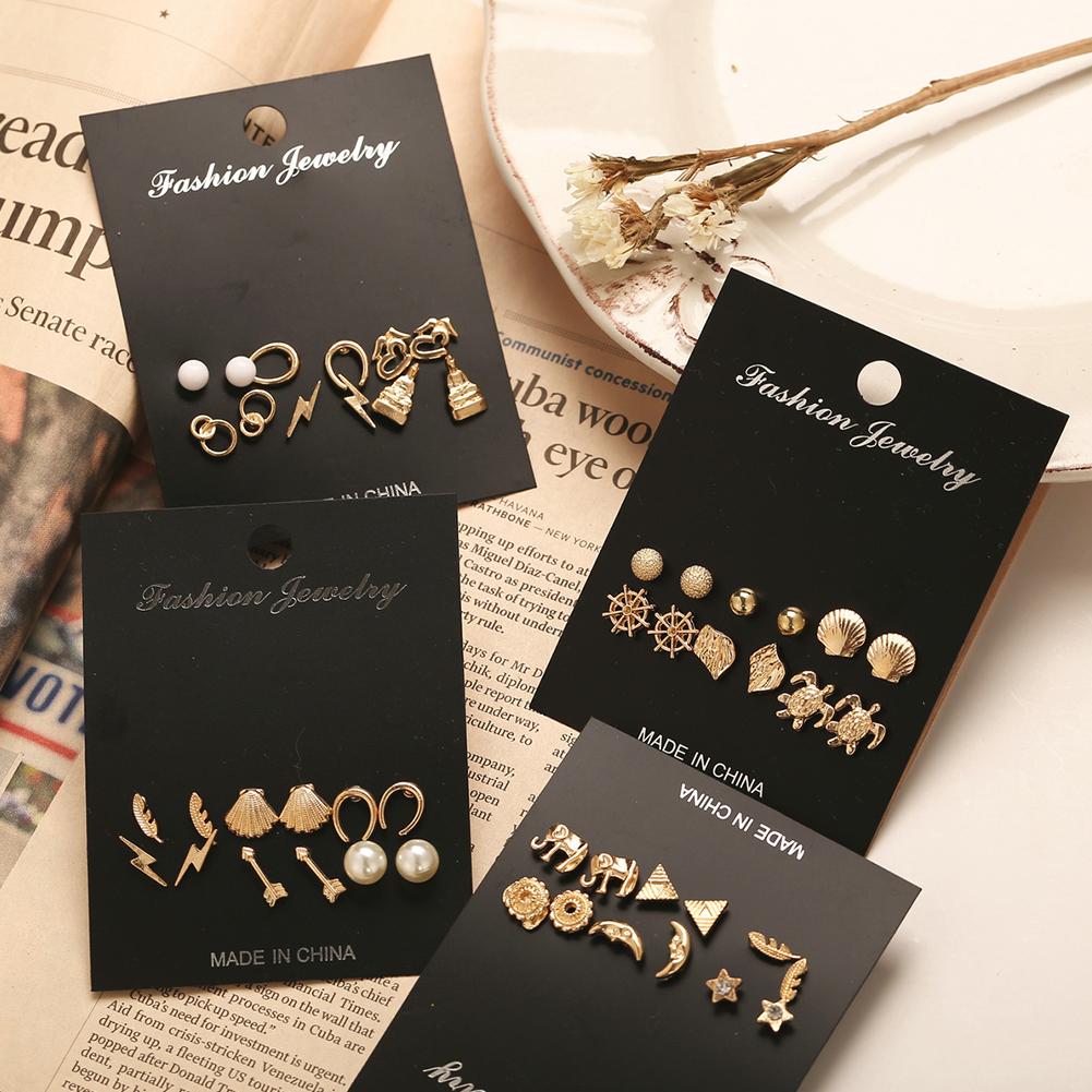 6 pairs/Set Simple Alloy Retro Shell Feather Fashion Earrings Set