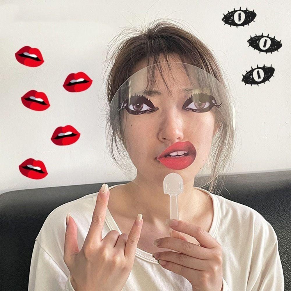 10Pcs Plastic Abstract Transparent Handheld Fan Waterproof Round Red Lips Printed Fans with Handle Big Eye and Red Lip Fan