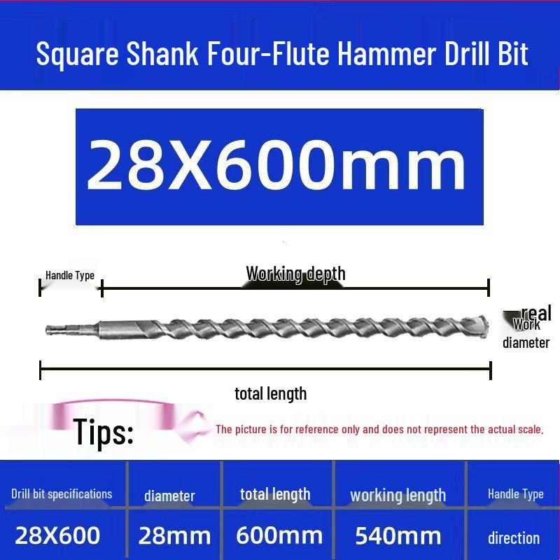 Extended Electric Hammer Drill Bit, Square & Round Shank, for Concrete Piercing - Available in 500mm to 2m Lengths