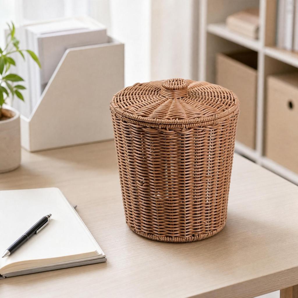 Cylindrical Plastic Storage Basket with Woven Lid Multipurpose for Dressing Area