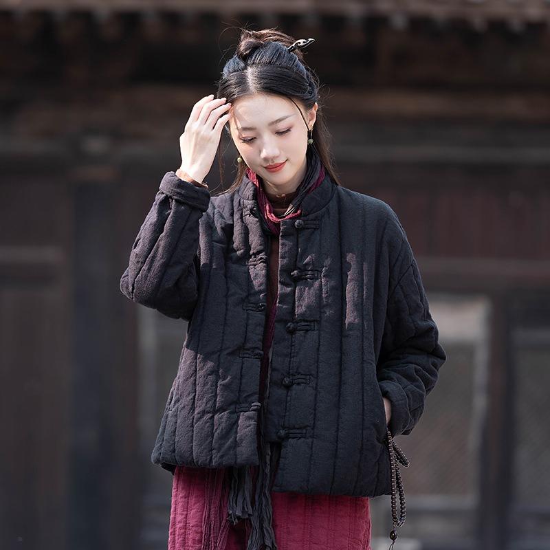 25 winter cotton and linen women's new Chinese retro quilted short cotton clothes women's zen thickened linen cotton-padded clothes