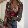 Women's Casual V-Neck Vintage Print Long Sleeve Ribbed Top for Fall and Everyday Wear