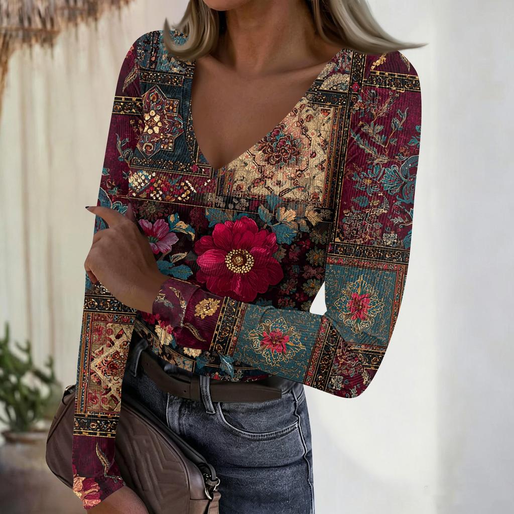 Women's Casual V-Neck Vintage Print Long Sleeve Ribbed Top for Fall and Everyday Wear