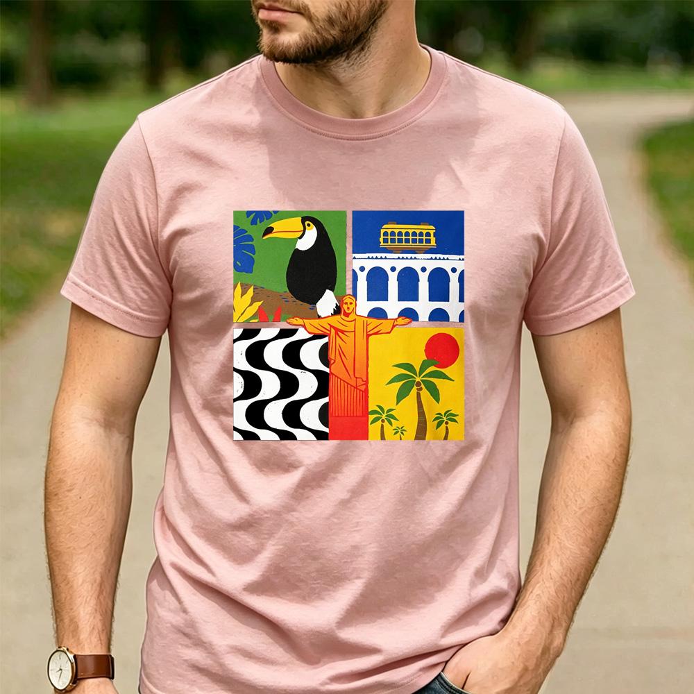 Rio de Janeiro Four Panel Pop Art Cotton T Shirt Brazil Toucan Christ the Redeemer Beach Graphic Unisex Unisex Unisex Streetwear Tee