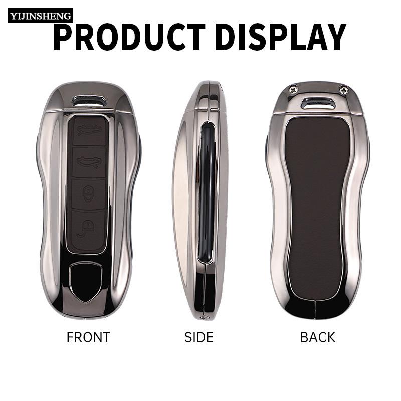 Zinc Alloy + PU Leather Car Key Case Cover Fob Holder Keychain For Porsche Cayenne 718 MACAN Panamera 911 Macan Boxster Cayman